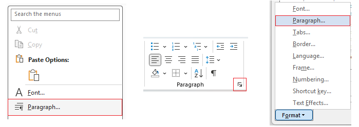 Menus to find paragraph options in Word